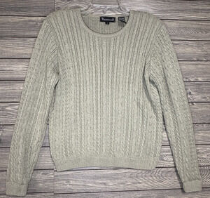Wainscott Vintage Crewneck Cable Knit Sweater Olive Green Size Small 90s Chunky